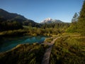 Green nature landscape panorama at idyllic clear blue spring Zelenci lake pond near Kranjska Gora Julian Alps Slovenia Royalty Free Stock Photo