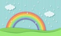 Cloud and Rainbow in blue sky Paper art style Rainy season concept ,vector design element illustration Royalty Free Stock Photo