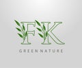 Green Nature Leaf Letter F, K and FK Logo Design. monogram logo. Simple Swirl Green Leaves Alphabet Icon Royalty Free Stock Photo