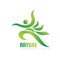 Green nature vector logo template. Health sign. Fitness woman concept illustration. Human character with leaves. Freedom icon.