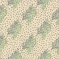 Green and navy blue contoured forest branches seamless pattern. Light pastel beige background with dots Royalty Free Stock Photo