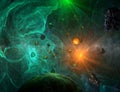 Green nebula with closeup view on planet and sun Royalty Free Stock Photo