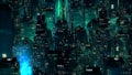 Green neon city skyscrapers modern technology concept