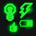 Green neon glow ecological icons vector illustration set.