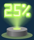 Green Neon Light Discount Sale 25 Percent. Hologram Cyber Monday Sign Vector