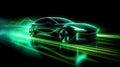 Green neon light motion glowing in the dark electric car on high-speed running concept. Fast EV silhouette