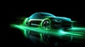 Green neon light motion glowing in the dark electric car on high-speed running concept. Fast EV silhouette Royalty Free Stock Photo