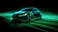 Green neon light motion glowing in the dark electric car on high-speed running concept. Fast EV silhouette Royalty Free Stock Photo