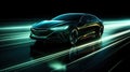Green neon light motion glowing in the dark electric car on high-speed running concept. Fast EV silhouette Royalty Free Stock Photo