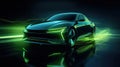 Green neon light motion glowing in the dark electric car on high-speed running concept. Fast EV silhouette Royalty Free Stock Photo