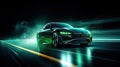 Green neon light motion glowing in the dark electric car on high-speed running concept. Fast EV silhouette Royalty Free Stock Photo