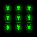 Green neon mans avatar set. Virtual character glowing icons collection for black user interface. Royalty Free Stock Photo