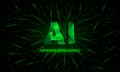 Green neon polygonal artificial intelligence conceptual banner with low poly AI symbols.