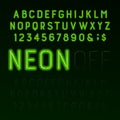 Green neon tube alphabet font. Neon color letters, numbers and symbols. Switched on and switched off.