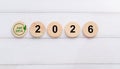 Green Net Zero Symbol on Wooden Circular Discs Displaying the Year 2026 Royalty Free Stock Photo