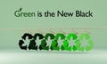 Green is the new black text, recycle clothes icons on hangers, sustainable fashion. 3D illustration