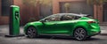 green new ev electric car parked in the street illustration generative ai art