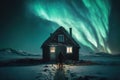 Green northern lights or aurora in sky above lonely wooden house