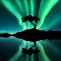 Green northern lights and silhouette of a tree on the rock Royalty Free Stock Photo