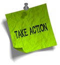 Green note paper with TAKE ACTION message and push pin illustration. Royalty Free Stock Photo