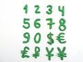 Green numbers and money currency.