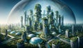 Green Oasis: AI Generated Futuristic Cityscape with Glass Domes and Lush Vegetation