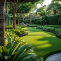 Green oasis Landscaping beautifies the yard with lush trees and lawn