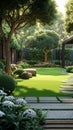 Green oasis Landscaping beautifies the yard with lush trees and lawn