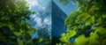 Green Oasis: Modern Glass Tower Amidst Nature\'s Embrace. Concept Architecture, Nature, Green