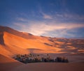 Green oasis over sand dunes in Erg Chebbi of Sahara desert on sunset time in Morocco, North Africa Royalty Free Stock Photo