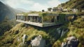 Mountain-side marvel: innovative eco-home with green roof and living walls Royalty Free Stock Photo