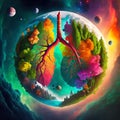 Green oasis in space: 3D Earth with vibrant forests as its life-giving lungs.