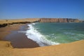 Green Ocean, Red Beach, Yellow Cliff and Blue Sky at Paracas, Peru Royalty Free Stock Photo