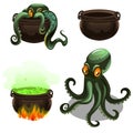 Green octopus and cauldron with magic potion isolated on white background. Vector cartoon close-up illustration.