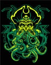 Green octopus robot wearing pirate hat with sacred geometry background for poster and tshirt