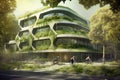 Green Office Building With Bicycle Lanes And Ample Bike Parking Facilities To Encourage Ecofriendly Commuting. Generative AI