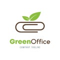 Green Office business abstract vector logo design. Organic Ecology company corporate consultant concept. Paper clip and green lea Royalty Free Stock Photo