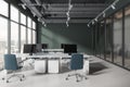 Green office interior with pc monitors in row, chairs and panoramic window Royalty Free Stock Photo