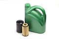 Green oil canister and oil filters Royalty Free Stock Photo