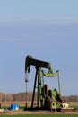 Green oil well pump in a farm field with green wheat and blue sky in Kansas out in the country. Royalty Free Stock Photo