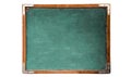 Green old grungy vintage wooden empty school chalkboard or retro blackboard with weathered frame isolated on seamless white