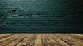 Green olive brick wall and wooden floor in an empty room, in the style of minimalist. Generative AI Royalty Free Stock Photo