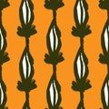 Green olive contoured leaves seamless pattern in hand drawn style. Orange bright background Royalty Free Stock Photo