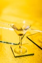 Green olive in glass of martini Royalty Free Stock Photo