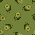 Green olive seamless pattern with contoured outline sunflowers silhouettes. Pale palette spring artwork