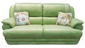 Green olive sofa with pillow. Soft khaki couch. Classic divan on isolated background. Leather fabric pistachio sofa Royalty Free Stock Photo