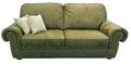 Green olive sofa with pillow. Soft khaki couch. Classic pistachio divan on isolated background. Velvet velor leather fabric sofa Royalty Free Stock Photo