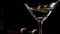 Green olive splashing in elegant martini glass on black background generated by AI Royalty Free Stock Photo