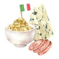 Green olives, blue cheese, salami. Watercolor illustration.Clip art tasteless italy food. Hand-drawn Isolated on a white