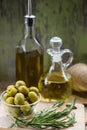 Green Olives and Bottles of Olive Oil Royalty Free Stock Photo